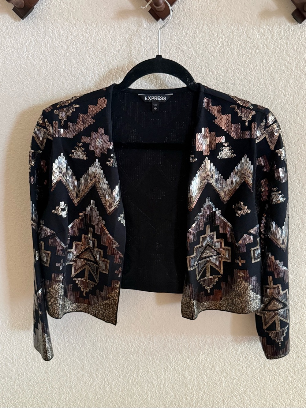 Express Black Sequin Open-Front Cardigan with Metallic Geometric Accents